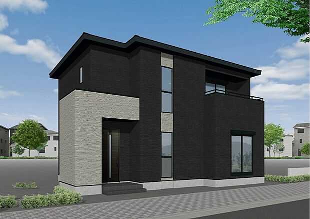 【3号地】(3号棟)完成予想図
ブラックのダークカラーを基調にしたシックな外観です。落ち着いた色合いの中にも、表情豊かな窓のデザインが美しく、明るく爽やかな雰囲気を作り出します。