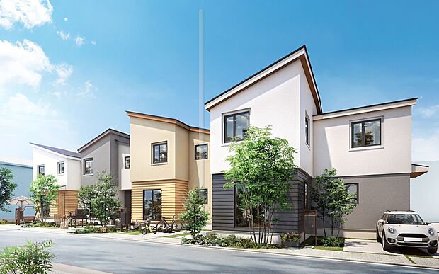 外観イメージ（2号地～5号地）
※設計図を基に作成したもので形状・色等は実際とは異なります。なお、外観形状の細部、設備機器等は表現しておりません。
※車、自転車、三輪車、玩具等は価格に含まれません。
