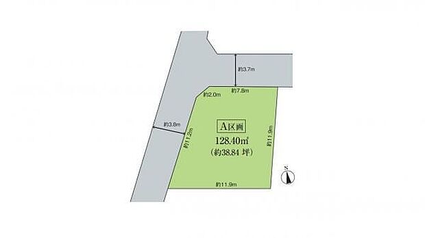 土地面積128.40m2(約38.84坪)のA区画。北側約3.7m・西側約3.8mの道路に面した角地で、二方向に開けた敷地を活かした住まいづくりが楽しめます。
