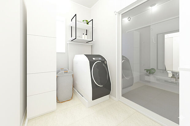 【ランドリールーム】トールキャビネット、洗濯機上の収納棚のみ価格に含まれます。全館空調を搭載物件の為、ランドリールーム内で室内干しをしても生乾き臭は軽減します。
