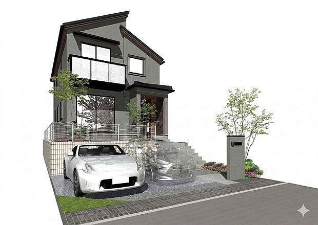 【建物プラン例(B区画)４LDK】＜１階リビング建物プラン例＞　4LDK+WIC、価格約3355万円（税込）、建物面積115.92m2※付帯工事費（屋外設備費・外構費等）と設計料にて660万円（税込）別途必要。※MOCX GARDEN