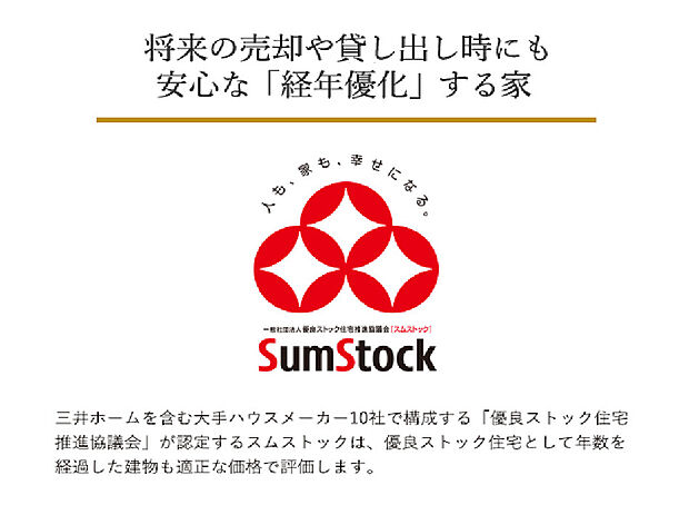 【将来の売却や貸し出し時にも安心な「経年優化」する家】三井ホームを含む大手ハウスメーカー10社で構成する「優良ストック住宅推進協議会」が認定するスムストックは、優良ストック住宅として年数を経過した建物も適正な価格で評価します。