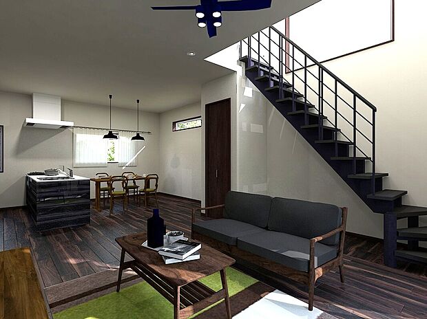 【イメージパース】リビング
吹抜けリビングにストリップ階段が美しく浮かび上がり、光が通り抜ける開放的な大空間を演出。家に入った瞬間、思わず「わぁ…」と声が出るデザイン性の高い住まい。