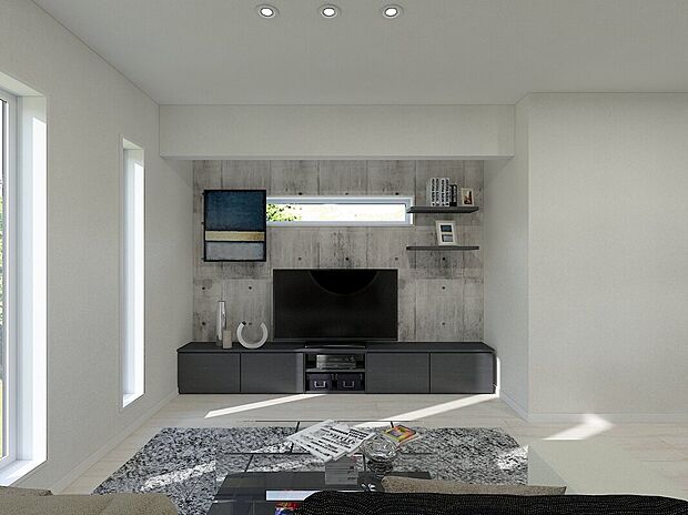 【プラン例】オールホワイトの16帖リビングはどんなインテリアも映える空間。ダウンライトで光が均一に広がり、洗練された印象に。