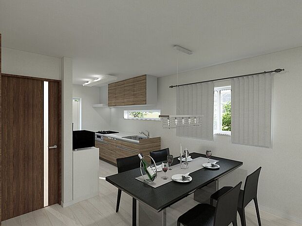 【プラン例】木目調のキッチンが温もりを演出するダイニング。明るく開放的で、家事もスムーズにこなせる設計。