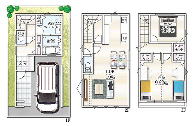 【プラン例】ビルトインガレージ付きの3階建て。洋室2部屋は仕切りを外せば1部屋に変更可能で、家族のライフスタイルに合わせて柔軟に使える間取り。