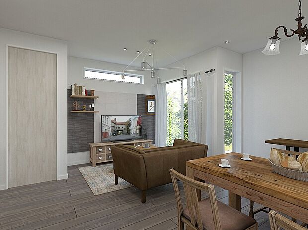 【(3号地)リビングイメージパース】大きな窓からたっぷりの陽光が差し込み、明るく開放的な空間に。テレビ側の壁面にはアクセントクロスや家具配置がしやすい設計で、家族が自然と集まる心地よいリビングに!