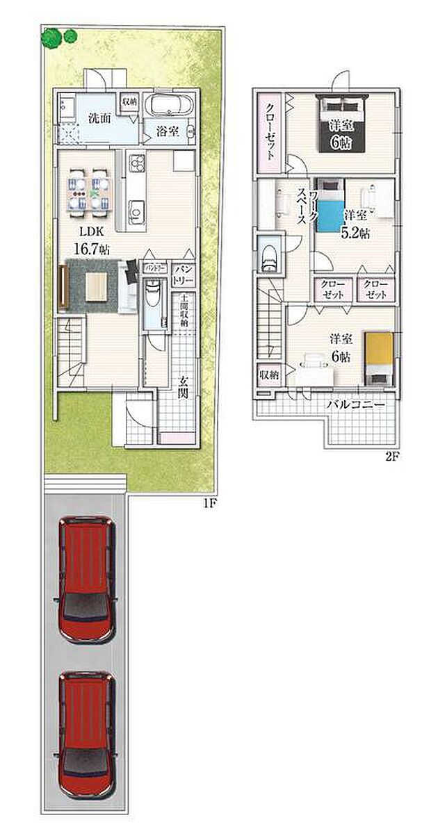 【3LDK】便利な2階廊下ワークスペース＆使い勝手抜群の土間収納付き！
ちょっとした書斎スペースとして使える2階のワークカウンターは、在宅勤務やお子さまの学習にも！