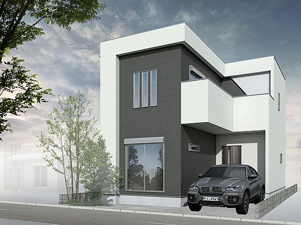 【1号地外観パース】立体感をプラスしてくれるL字バルコニー。直線的な外観に動きを与え、スタイリッシュな印象を演出してくれます！おしゃれでカッコいい外観にこだわりたい方にぴったりです。