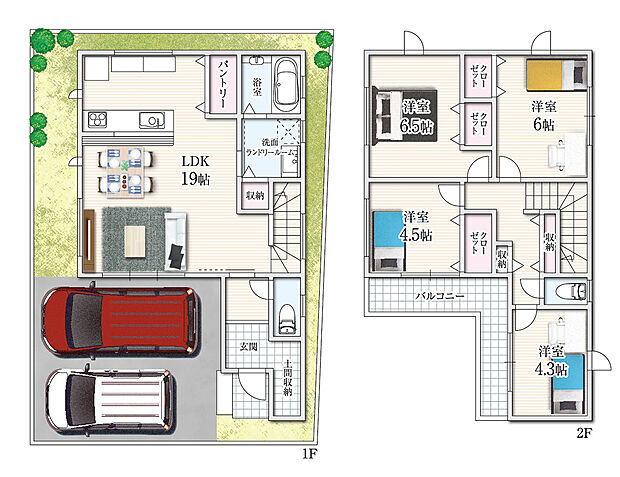 【4LDK】4LDKの広々とした間取りで、家族それぞれの居室を確保。2階廊下にも収納を設け整理整頓しやすく便利です!2台駐車可能。バルコニーは明るく風通しが良く、洗濯物干しやちょっとした日用品の置き場としても利用できます。
