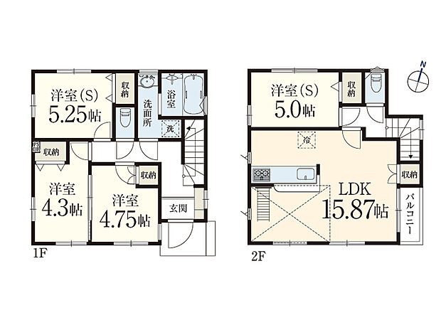 【4LDK+カースペース2台】プライバシー性の高い2階リビング仕様。1階洋室2部屋は引き戸を開放して一体利用も可能です。屋根裏収納をはじめ全居室に収納が備わっています。