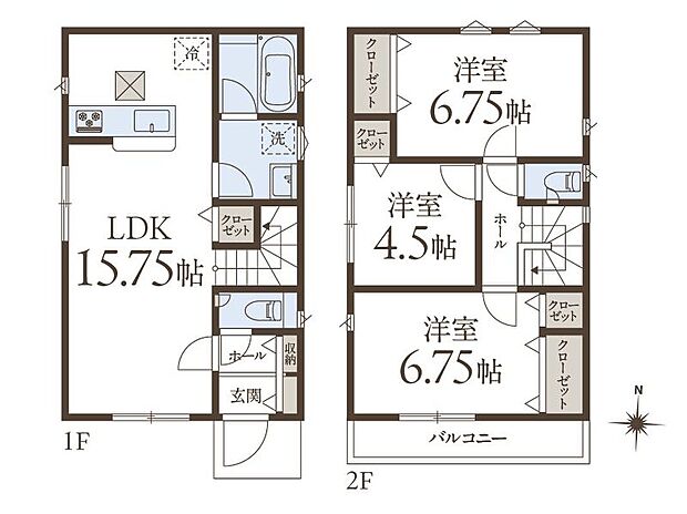 【3LDK】南向きバルコニー付き「3LDK」。約15.75帖のLDKには、リビングイン階段と対面式キッチンが採用されており、自然とご家族間のコミュニケーションが深まりやすい間取り。全居室に収納あり。