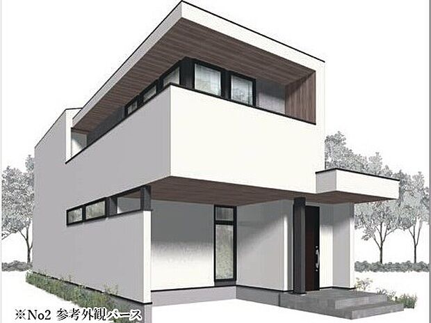 【【No.2/外観パース】】青空に映える明るいトーンで統一されています。LDKに面するL字型バルコニーが光と風を取り込むプラン。