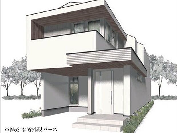 【【No.3/外観パース】】パントリーやWICを設けた2階建て「3LDK」プラン。1台分の駐車スペースが備わっており、マイカーライフを送ることができます(車種による)。