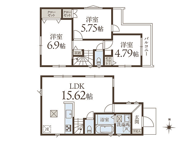 【3LDK】約15.62帖のLDKは4面採光で、心地よい風が通り抜けそうです。L字型の東向きバルコニーには、洋室2室から出入り可能。爽やかな朝日が感じられる住まいです。