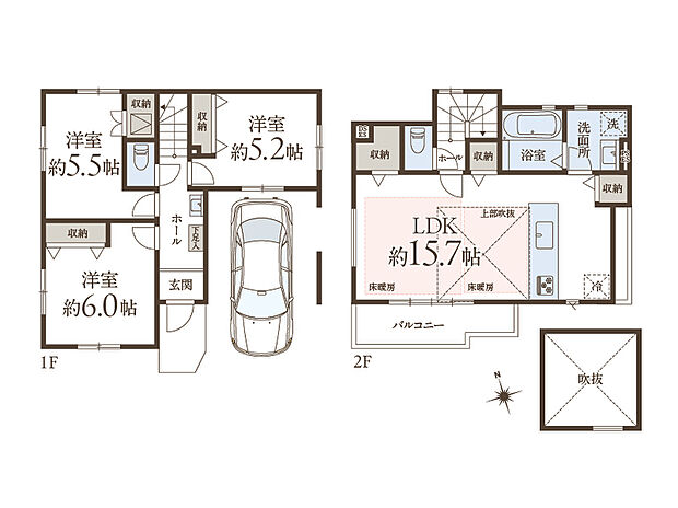 【3LDK】全居室2面採光！2階リビング天井に、明るく開放感のある吹抜けが採用されています。南向きバルコニーが面したLDKには、床暖房も設置されており、ご家族が一年中ゆったりと過ごせる空間です。