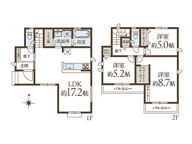 【3LDK】全居室2面採光＆2つの南向きバルコニー付きで、明るく居心地の良い住まい。水回りが集約され、家事動線に配慮された設計です。ウォークインクローゼットやリネン庫など随所に収納が備わっています。