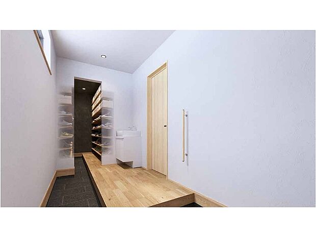 【【内観パース/玄関】】たっぷり収納できるシューズクロークが設置された玄関。廊下にセカンド洗面があるため、帰宅後LDKに入る前に手洗いが可能です。