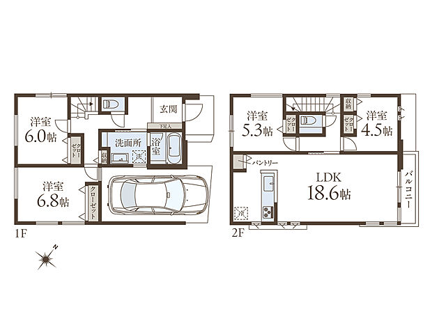 【4LDK】ゆとりある約18.6帖のLDK。全居室に収納が備えられており、住空間を広く活用することができます。冷暖房効率の高い廊下階段が採用されています。