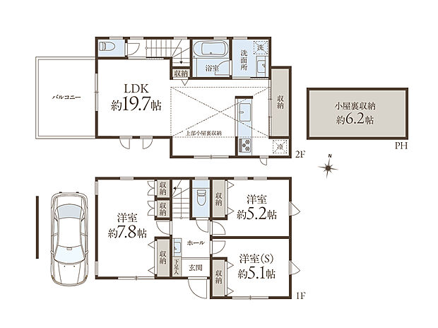 【3LDK】LDKはゆとりある約19.7帖の広さ。2階に配置され、外からの視線が気になりにくくのびのびと寛げます。LDKから扉1枚で洗面室に繋がり、家事動線・生活動線スムーズな設計です。