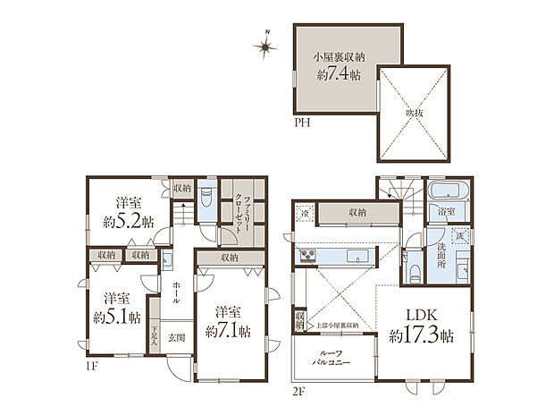 【3LDK】全居室2面採光以上の間取り。1階にファミリークローゼットが設置されており、ご家族分の衣類などをまとめて収納することができます。LDKは2階に配置されており、南向きのバルコニーに面しています。