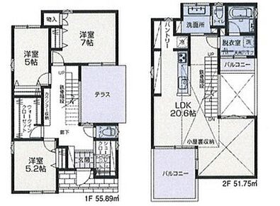 建物プラン例(1号地)3LDK、土地価格17980万円、土地面積147.00m2、建物価格2,300万円、建物面積107.65m2
3～4LDKにカースペース2台分、お庭もご検討いただける広さです。2階リビング仕様でプライバシーに配慮したプランです。 