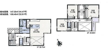 建物プラン例(3号地)3LDK、土地価格17980万円、土地面積147.00m2、建物価格2,300万円、建物面積108.48m2
シューズインクローゼットや2階部分の大容量ウォークインクローゼットなど、収納が充実したプランです。LDKの一部に吹抜が採用されています。 