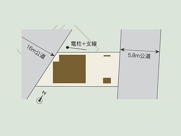 西側16m公道・東側5.8m公道に挟まれた東西両面道路。開放的で車の出し入れもスムーズです。
