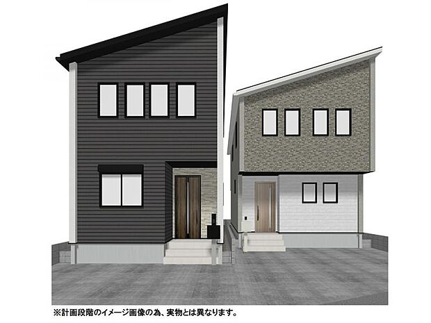 【外観イメージパース】モダンな片流れ屋根が目を引く全2棟の新築戸建。ZEH水準の断熱性能やLow-eガラスを採用した、家計に優しい高性能住宅です。