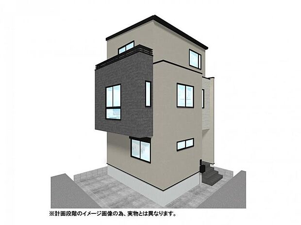 【外観イメージパース】グレーとベージュのモダンな外観が目を引く、3階建て新築住宅。心地よい陽射しが注ぐ角地で、開放感に満ちた快適な暮らしを実現。こだわりのデザインが光ります。