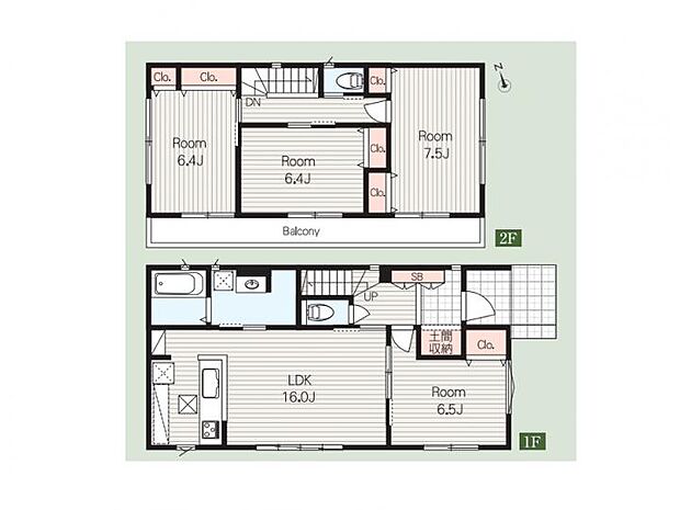【4LDK】全居室南向きで陽光あふれる、明るく開放的な4LDKプランです 。1階には会話の弾む対面キッチンを採用した16帖のLDKがあり 、玄関には土間収納を備えているため収納力もgood 。