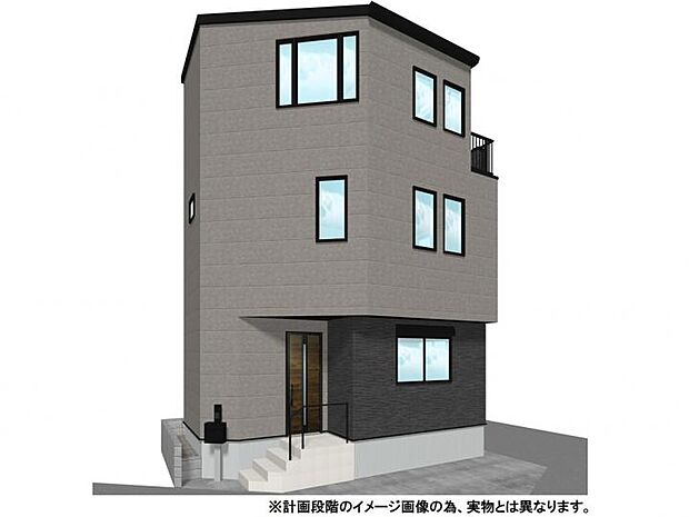 【【外観イメージパース】】グレー基調のシックな外観が目を引く新築3階建て。角地の開放感を活かしたスタイリッシュな佇まいに、環境と家計に優しいZEH水準の性能や充実の設備を備えた住まいです。