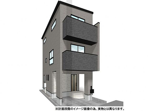 【【外観イメージパース】】グレーと黒を基調としたお洒落な外観が目を惹く新築3階建て。北朝霞・志木・朝霞台駅の3駅2路線が利用可能でアクセス良好な立地に佇む、ZEH水準の快適住まいです。