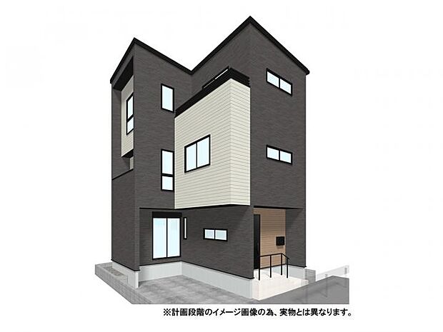 【【外観イメージパース】】シックなダークトーンと清潔感のあるホワイトのコントラストが美しい、都会的な外観。玄関周りの木目調アクセントが温かみを添える、洗練されたモダンな3階建て新築住宅。