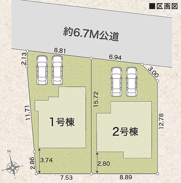 【区画図】1号棟 土地面積133.79m2 建物面積101.02m2