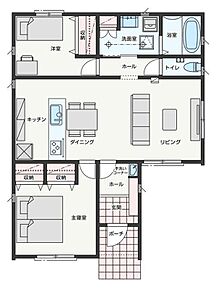 【平屋】コンパクトな生活動線の間取り
・18帖のLDK
・玄関に手洗いコーナーあり 