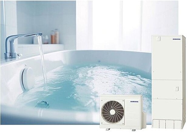 【おひさまエコキュート】おひさまエコキュートは太陽光の余剰電力を利用し、昼間に湧き上げ運転を行い電力の自家消費を促進。CO2排出量も削減し電気代も節約する、環境にも家計にもやさしい給湯器です。（17街区分譲住宅）