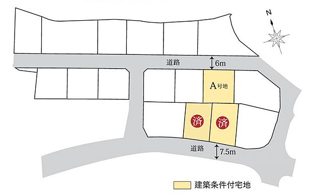 全体区画図　前面道路は6ｍあり、駐車もラクラクですね