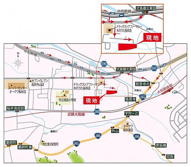 案内図　近鉄大阪線『大和朝倉』駅まで徒歩11～12分（約850～930ｍ）