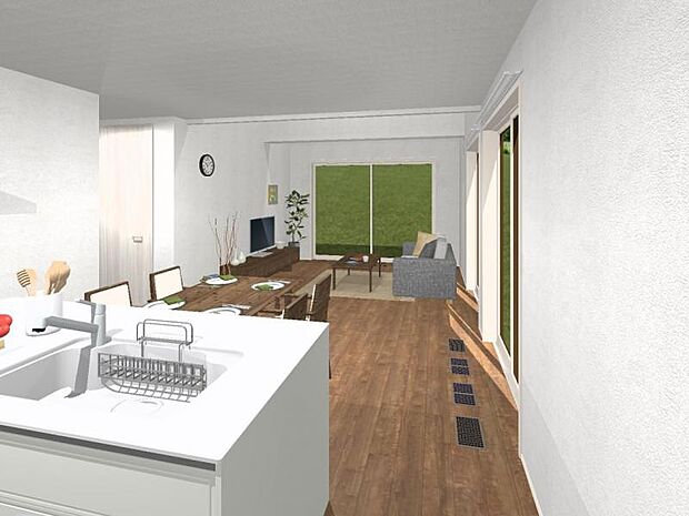 【3-8号地　リビング】窓を多く配置しており、光を取り込み常に明るい空間になるようにしております。※イメージです。