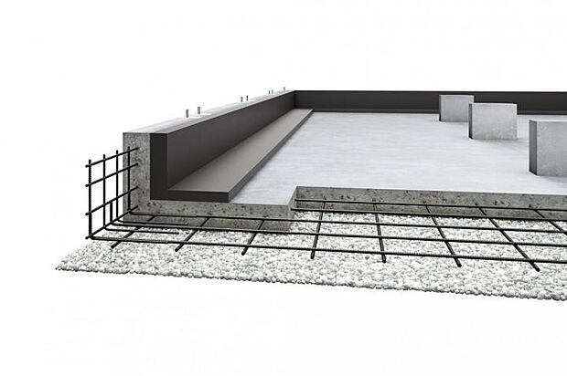 【【強靭なベタ基礎で建物を面で支える】】家は、建物だけでなく建物を支える基礎部分によっても強さが変わってきます。セキスイハイムは強度と耐久性を兼ね備えたベタ基礎(強度の高い24N／mm2コンクリート)を標準採用しています。※プランによって仕様が異なる場合がございます。