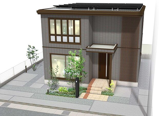 【【3-8号地　外観パース】】【3-8号地　外観パース1】ブラウンの落ち着いた色味で窓位置などもスッキリとみえるように工夫した、スタイリッシュな外観です。※イメージです。