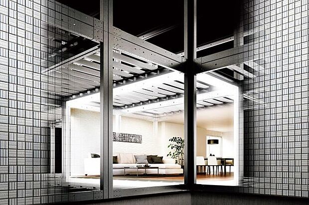 【【ボックスラーメン構造】】【ボックスラーメン構造】高層ビルの多くに採用される「ラーメン構造」を戸建住宅に応用、柱と梁を溶接で一体化した鉄骨シェルターのようなユニット構造体。その圧倒的な強さは、工場の先進技術によって支えられています。