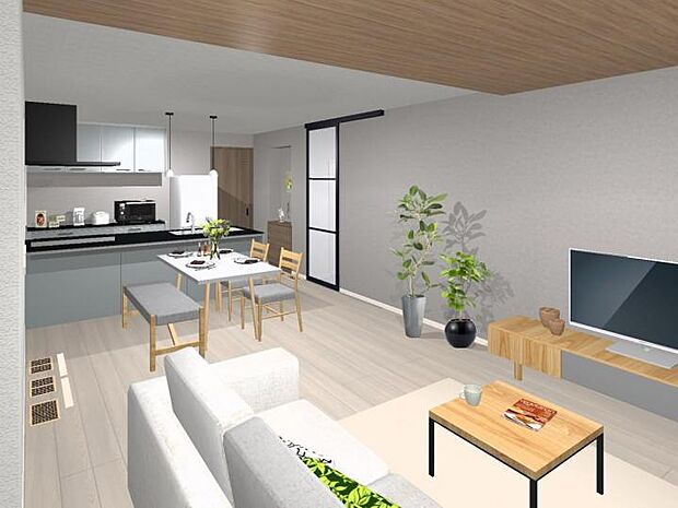 【リビングイメージ】グレー色を基調とし、ブラックや観葉植物の緑を差し色に落ち着いた空間のLDKです。(完成イメージ図です。)