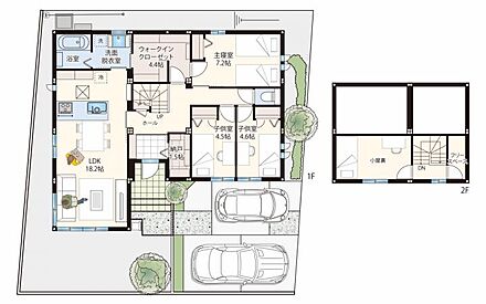 WICや納戸などがあり、小屋裏スペースもある3LDKの平屋になります。お車2台駐車できる計画です。 