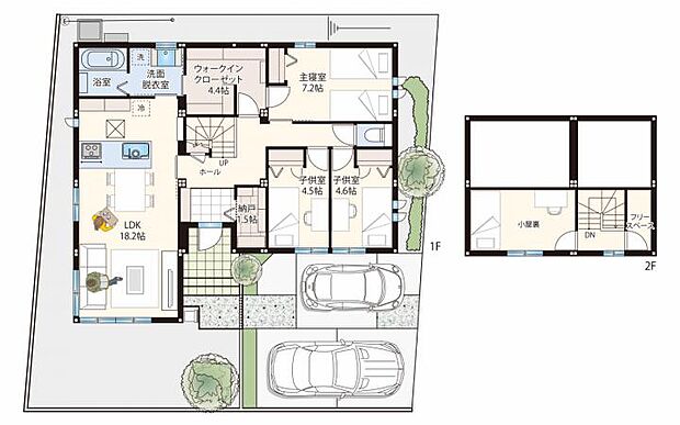 【3LDK】WICや納戸などがあり、小屋裏スペースもある3LDKの平屋になります。お車2台駐車できる計画です。