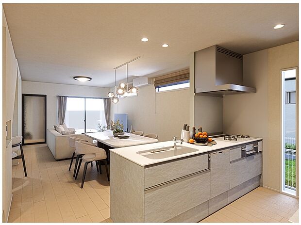 【1号棟キッチン】使いやすさと美しさを兼ね備えた、LIXIL「ND」のペニンシュラ型キッチン。毎日の家事を心地よく支えます。