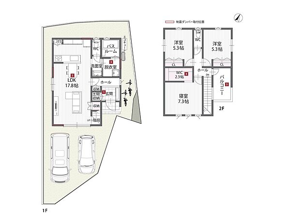 【間取図/A号地モデルハウス】各居室やLDKはグリーン・イエロー・ブルーなどのカラフルなクロスで彩りあふれるデザインに。洗面室・脱衣室を分けることができ、LDKは対面キッチン×リビング階段仕様です。