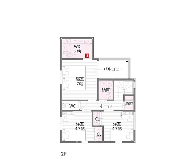 【【2階間取図/C号地モデルハウス】】バルコニーに面した寝室は約3帖WICを備え約7帖。納戸やホール収納は各居室に入らずに出し入れができ、スーツケースなどのかさばるアイテムもスッキリと片付きます。
