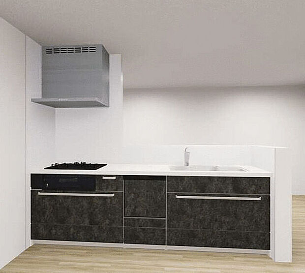 【キッチン「ステディア」】浄水器一体型水栓付のシステムキッチン。美しさと機能性を兼ね備えた薄型のレンジフード。スライド式の収納は奥のスペースまで有効に活用できます。